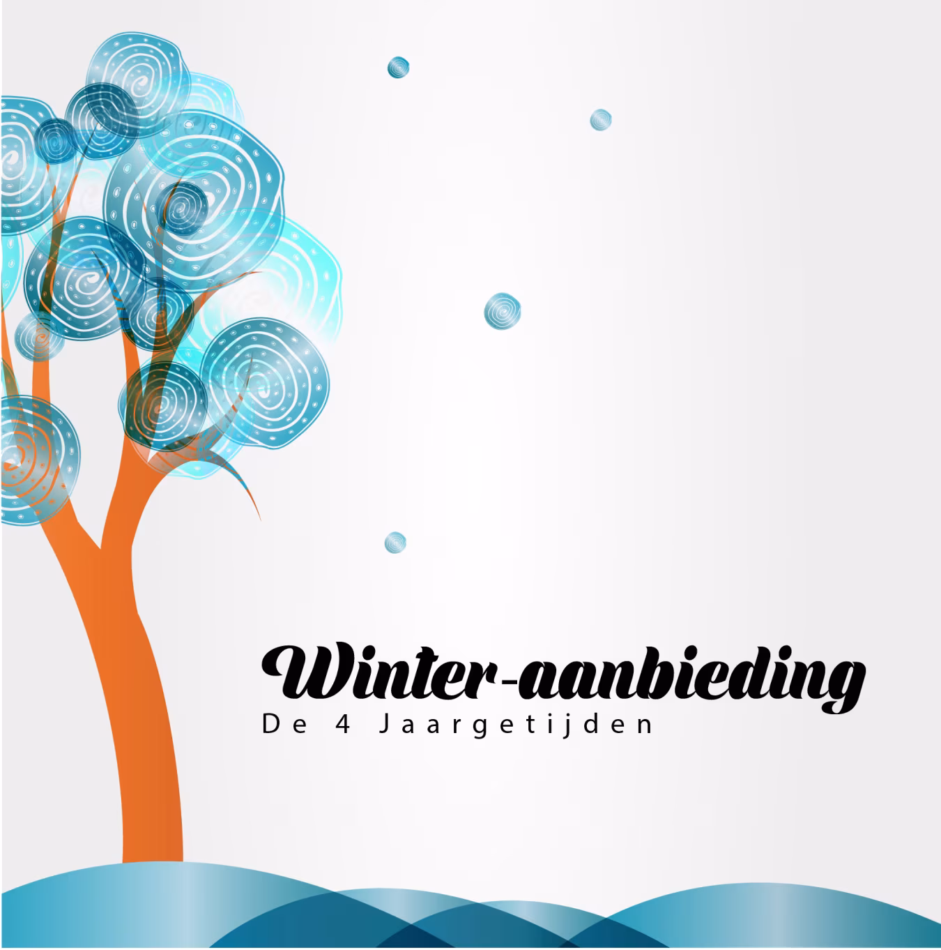 Winter Aanbieding banner met oranje abstracte boom en blauwe spiralen, tekst 'Winter-aanbieding' en 'De 4 Jaargetijden'