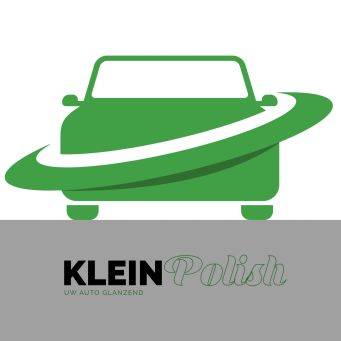 Gestileerde groene auto met tekst kleiN Polish uw auto glanzend logo autopoetsen groningen