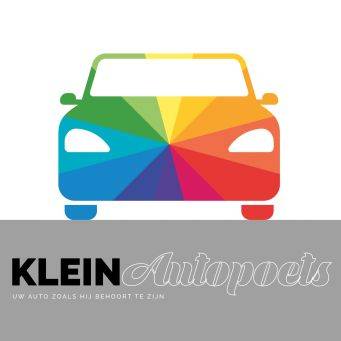 Logo klein autopoets met kleurrijke gestileerde voorzijde auto en slogan uw auto zoals hij behoort te zijn