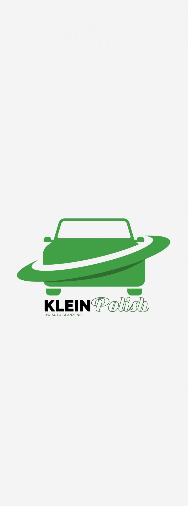 Gestileerde groene auto met witte en groene ring en logo tekst KLEIN Polish UW AUTO GLANZEND, h2 KleinPolish vanaf € 133,00 incl