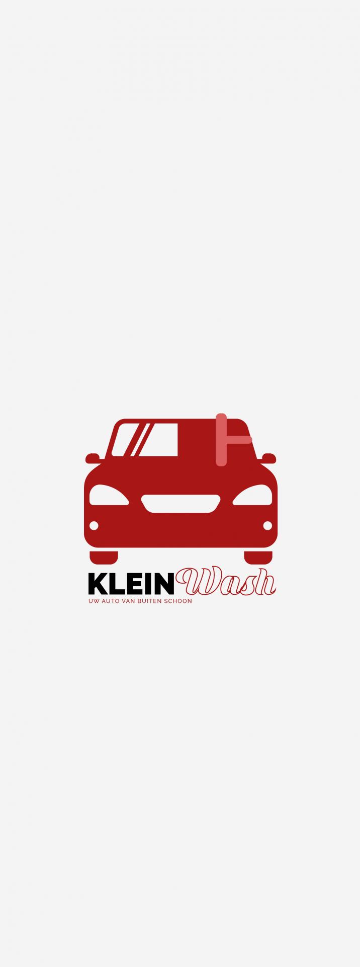 Logo KleinWash met rode auto en borstel, slogan Uw auto van buiten schoon, autowassen Groningen