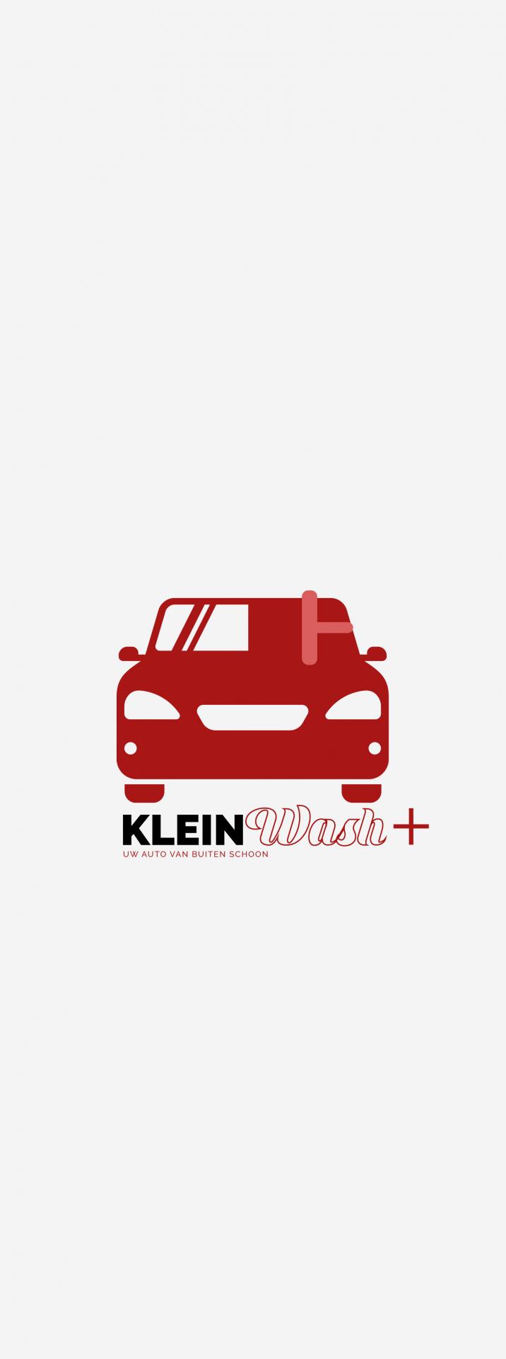 Logo Klein Wash+ met rode gestileerde auto en tekst uw auto van buiten schoon, KleinWash Plus 54,45 incl interieurreiniging Groningen